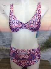 NWT Cupshe Two Piece Swimsuit Size Medium Pink Floral Purple Blue