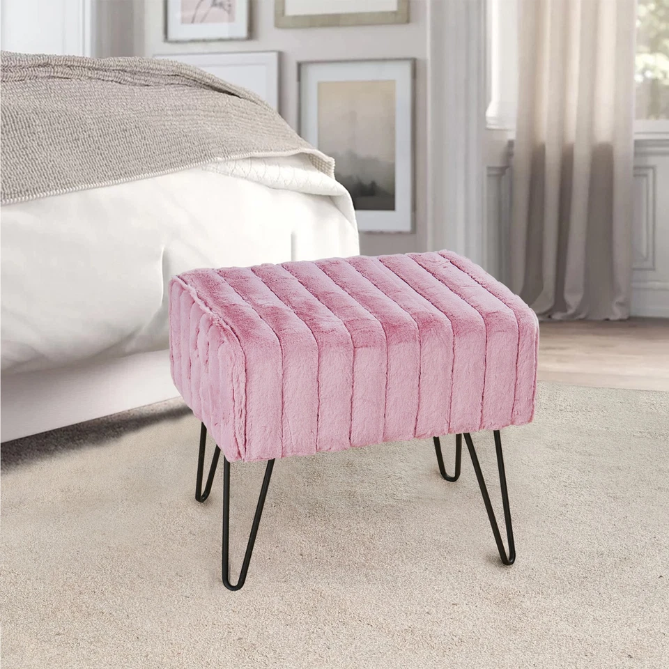 Super Mink Faux Fur Pink Ottoman Bench, 19" x 13" x 17" (Polignac) - Image 3 of 4