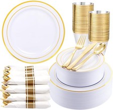 350 Piece Thanksgiving Dinnerware Set-Gold Plastic Plates and Disposable Cutlery