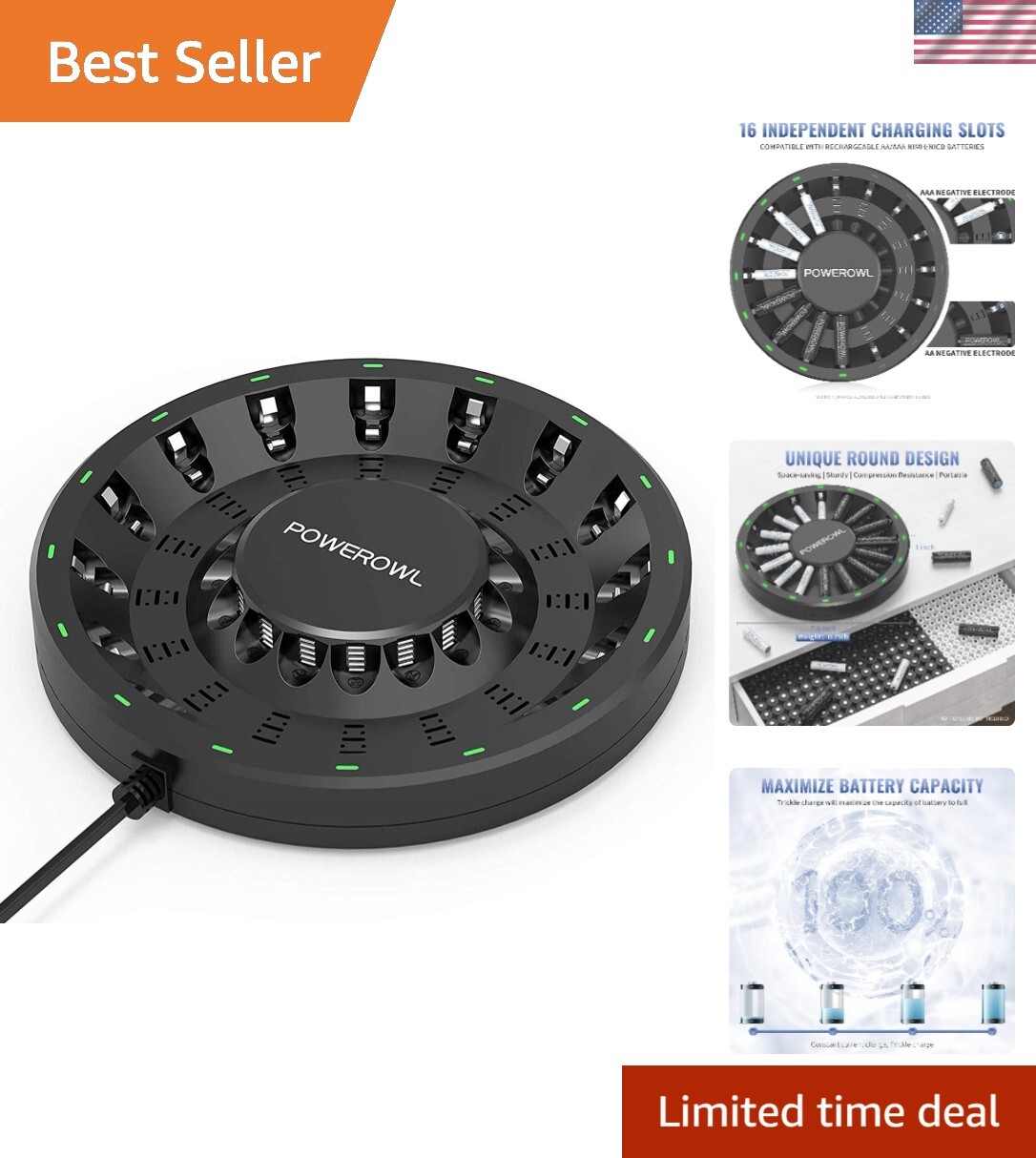 16 Bay AA AAA Battery Charger Updated, High Speed Charging with Smart LED Lig...