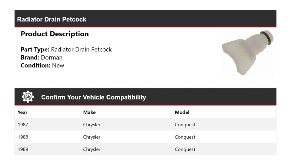 Para Chrysler Conquest Dorman 1987-1989 Radiador Drenaje Petcock 1988 Foto 2 de 4