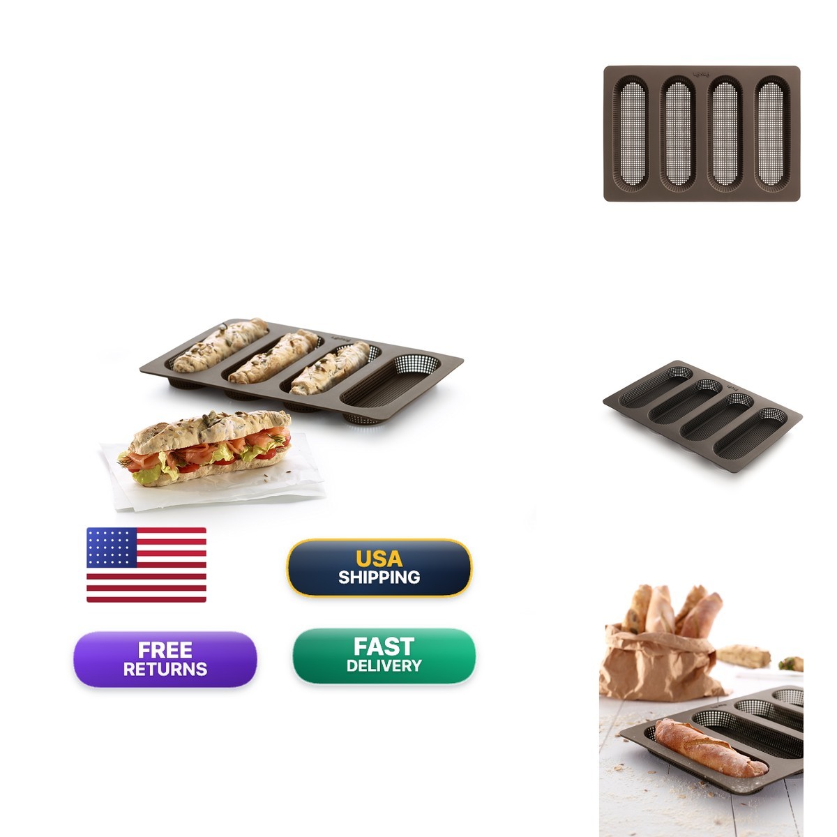 Lekue 4 Cavity Micro Perforated Mini Baguette Baking Pan, Brown