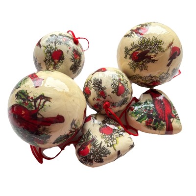 Christmas Lot Of 6 Red Cardinal Paper Mache Decoupage Ornaments Heart & Round