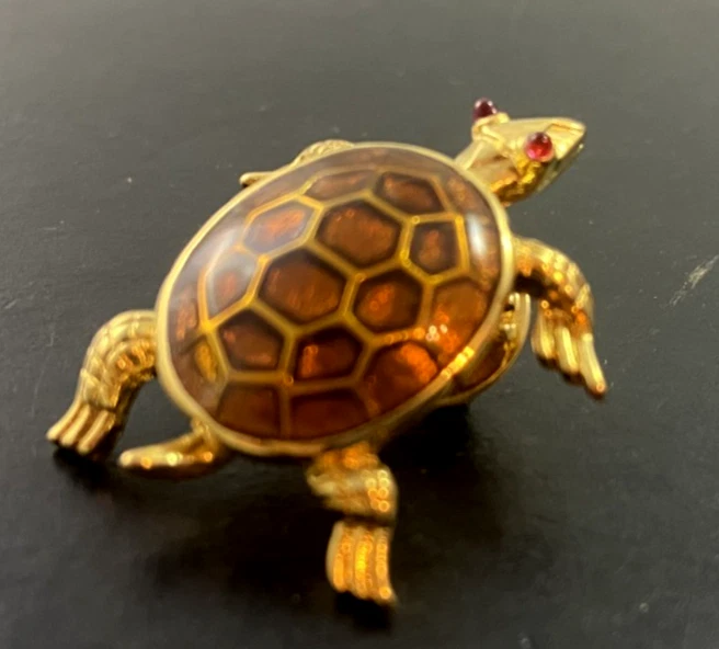 VTG Trifari Turtle Brooch Lapel Pin Brown & Gold Colors w/ Red Cabochon Eyes