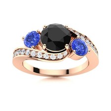 5MM Round Black Spinel  Tanzanite 925 Silver Rose Plated Three Stone Women Ring