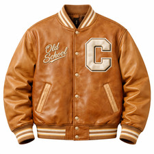 Men's Old School Leather Varsity Jacket Brown Boombox Retro Letterman Classic