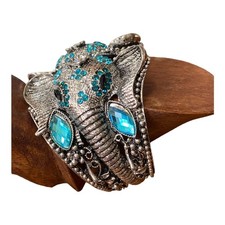 Jacarii NWT Elephant Statement Bracelet Blue Crystals Silvertone Hinge Cuff