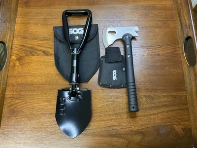Sog Camp Axe Hatchet and Entrenching Tool as shown with covers Folding Shovel