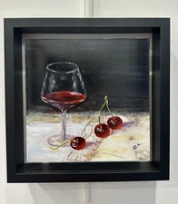Original Oil Painting Still Life Wine And Cherries Kitchen/Bar  Map Art Realism