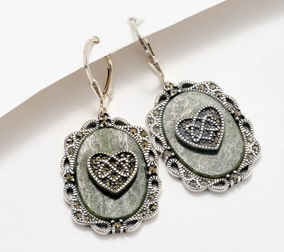 Connemara Marmor Sterling Silber keltische Herz Ohrringe mit Markasiten Akzenten