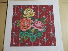 Handpainted Needlepoint Canvas Roses w/ Burgundy Background Pillow or Picture