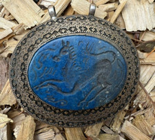 Stunning, Unusual Turkoman Silver and Lapis Large Pendant With Incised Horse