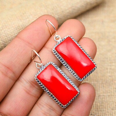 Red Coral Gemstone Handmade 925 Sterling Silver Jewelry Earring