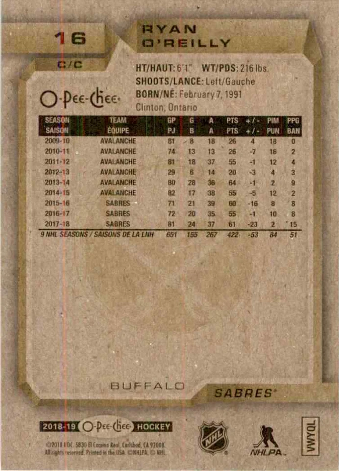 2018-19 O-Pee-Chee Ryan O'Reilly #16 - Image 2 of 2