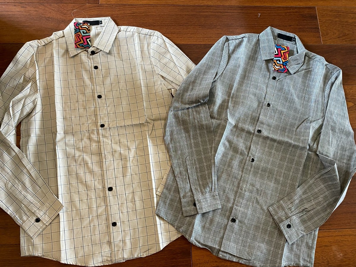2 NEW mens WHATLEES COLLARED STRETCHY DRESS SHIRT button down KHAKI BLACK small