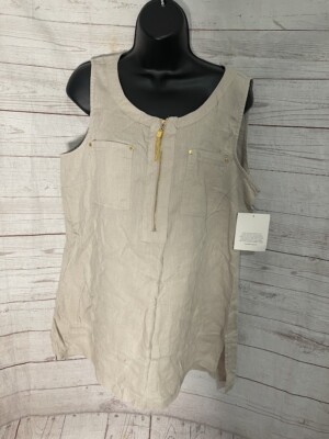Ellen Tracy Linen Blouse Sleeveless Silver Cloud Size L Large