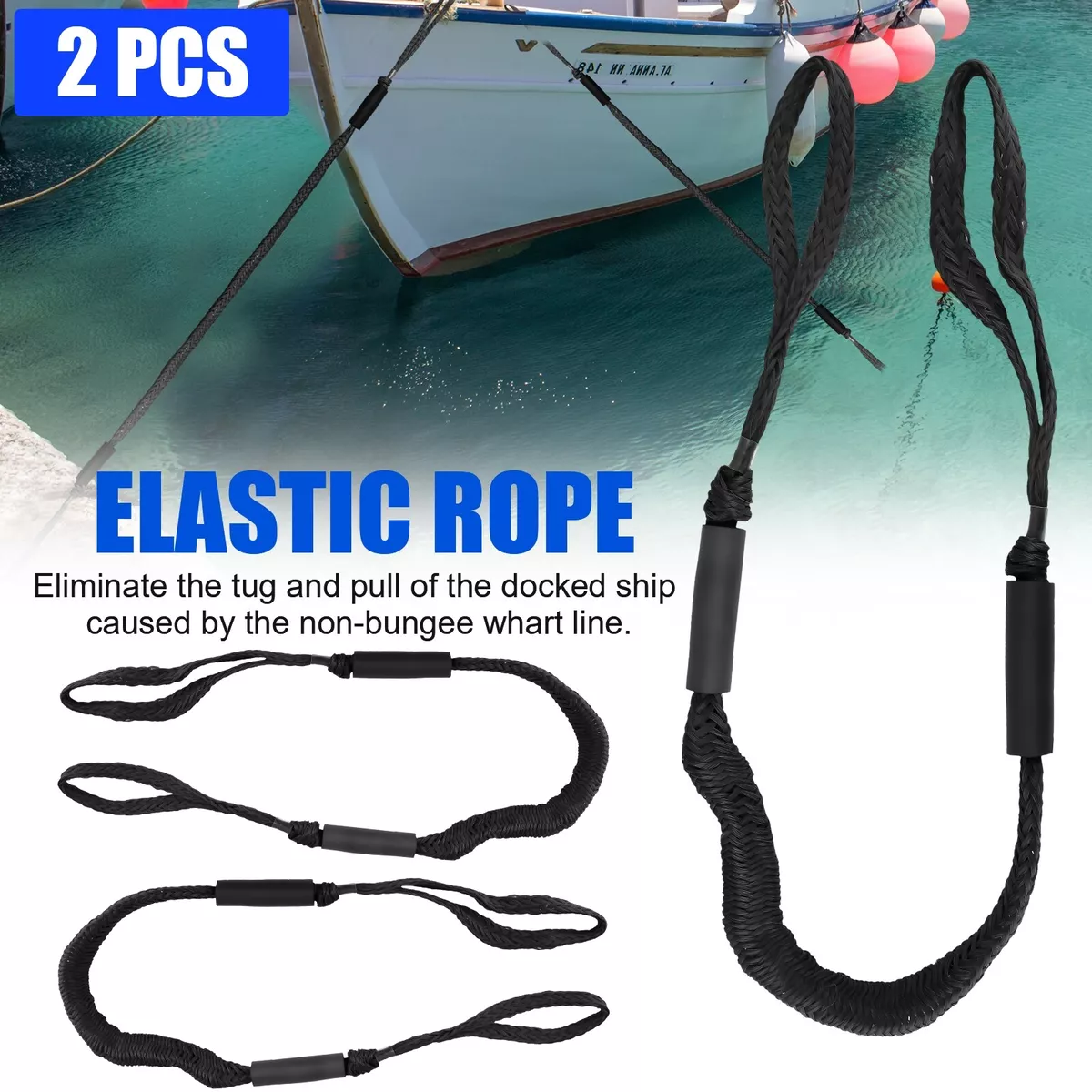 2X Marine Bungee Cord Dock Line/Boat Mooring Rope Bungee Tie Down Stretch  Black