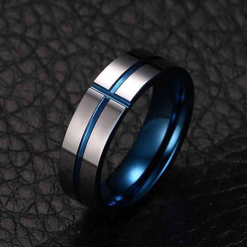 King Will 7mm Silver Tungsten Carbide Blue Cross Line Groove Wedding Band NEW* - Picture 6 of 12