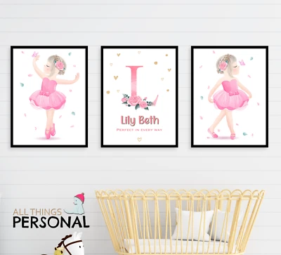 ALL THINGS PERSONAL Personalised Nursery Print Pink Ballerina Girls Prints Set of 3 Wall Art Gift