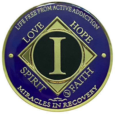 NA 1 Year Purple, Gold Plated Medallion, Narcotics Anonymous Coin