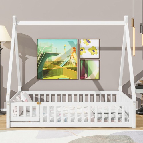 House Bed Tent Bed Frame Full Size Wood Floor Play Bed with Guardrails for Kids - Picture 6 of 27
