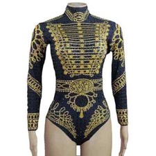 Gold Black Rhinestones Leotard Long Sleeve Female Dance Costume Show Stage Wear