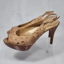 Stuart Weitzman 6.5 M Heels Cork Peep Toe Wooden Platform Stiletto Slingbacks