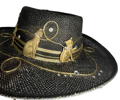 Vintage Black Gold Cat Lady Stones Bling Boater Straw Hat sz 