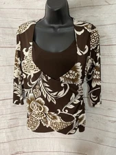 AB Studio Women's Blouse Brown/Creamy Long Sleeve Size S Small