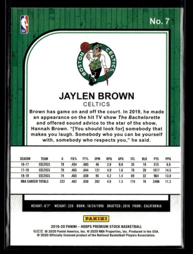 2019 Hoops Premium Stock #7 Jaylen Brown - Picture 2 of 2