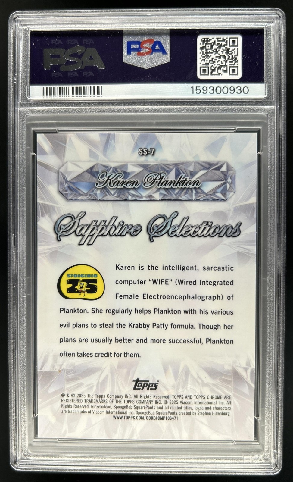 2025 Topps Chrome SpongeBob Sapphire Karen Plankton Selections Black #/10 PSA 9 view 2