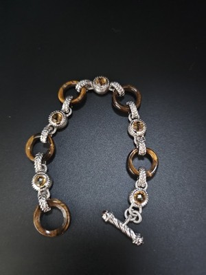 Judith Ripka 925 Tiger s Eye Citrine Station Bracelet 7.5  Chunky Toggle...