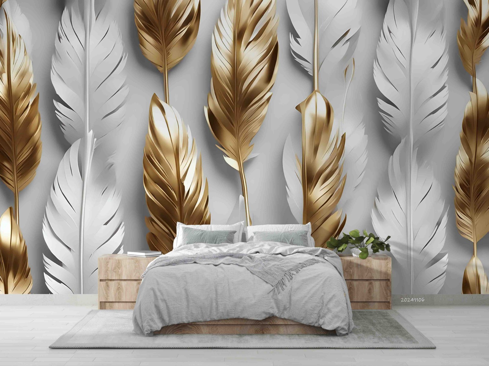 3D Gold White Feathers Decoration Wall Murals Wallpaper Murals Wall Sticker