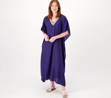 America  Beyond Embroidered V Neck Caftan Dress Neon Lights M/L New