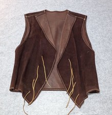 Vintage Brown Suede Leather Vest Handmade Western Boho Fringe Ties Unisex M/L