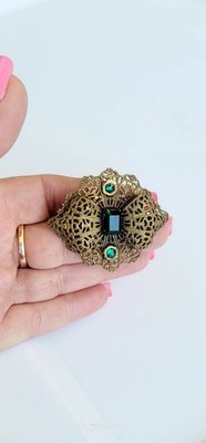 Vintage Brooch Intricate Filigree Green Glass Stones Czech Or West Germany Pin