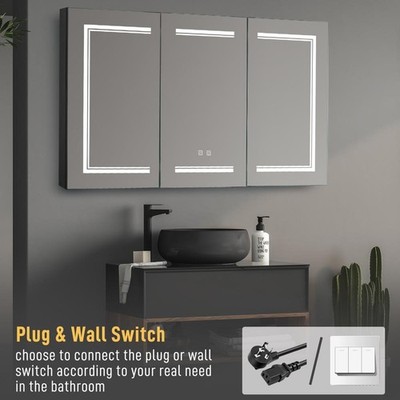 Led Lighted Medicine Cabinet with Mirror 3 Doors Wall Mounted Bathroom Mirror