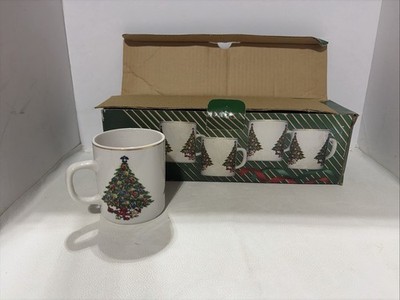 Vintage Christmas Tree Mug Set 4 New In Box Holiday Cups Action Ind