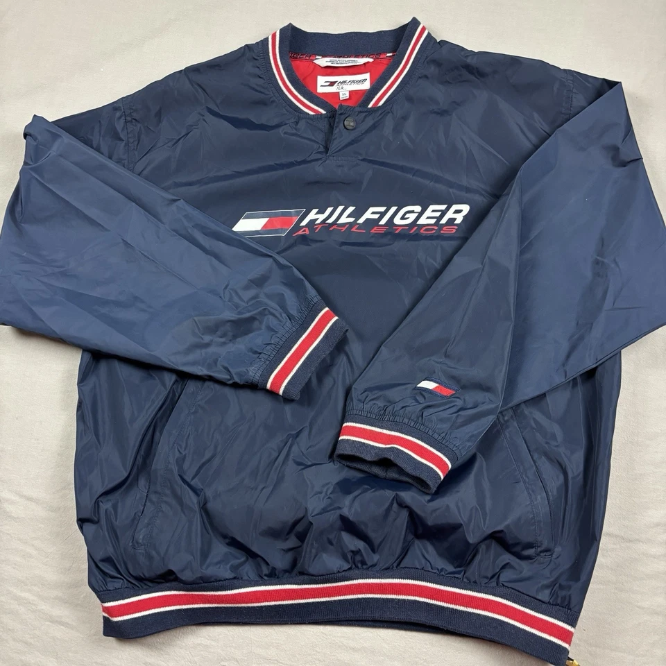 VGT 90’s Tommy Hilfiger Athletic Windbreaker Pullover Navy L Jacket Button Vneck - Image 2 of 4