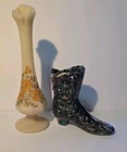 Vintage Fenton Carnival Glass Boot & Satin custard Hand Painted Bud Vase signed