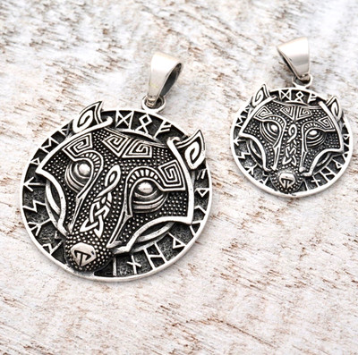 Anhänger Silber 925 Fenris Fenrir Wolf Runen 4x2,9cm / 2,8x1,9cm mit Band Viking