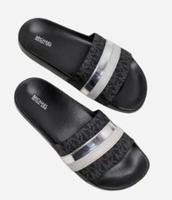 NWOT Michael Kors Brandy Striped Logo Metallic Silver Slide Sandal Womens Sz 7