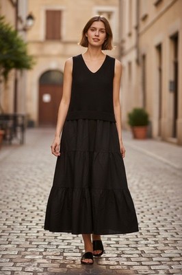 NWT Cynthia Rowley Mixed Fabric V-neck Tiered Maxi Dress Black Size Large |  eBay