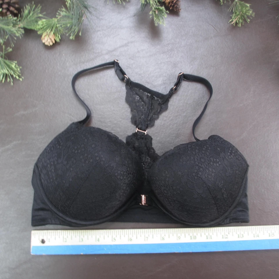 PINK Victoria's Secret Bra Womens 36D Black Lace Racerback Front Close Underwire - Image 2 of 4
