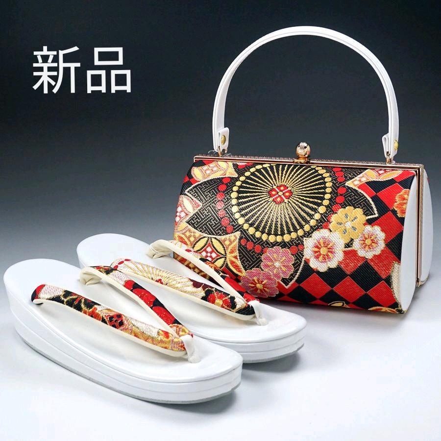 Japanese sandals bag set red x black fabric checkered cherry
