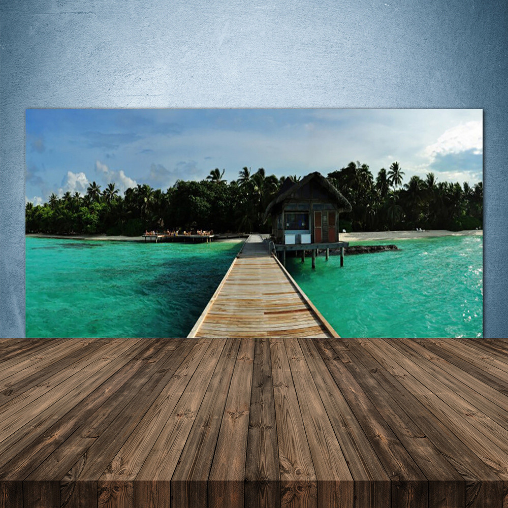 Crédence de cuisine en verre panneau mural décoratif 140x70 motif paysage maritime arbres