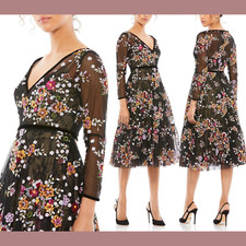 NEW $538 Mac Duggal [ 8 ] 67499 Floral Embroidered Lace Tea Length Dress #J410