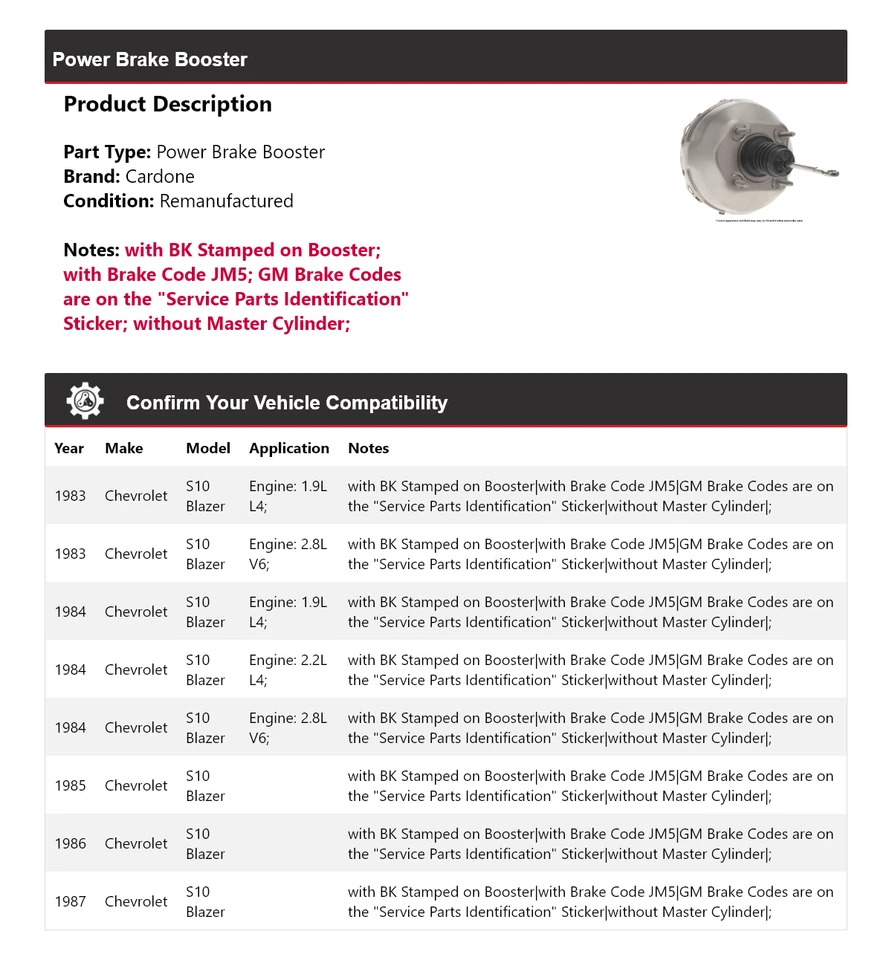 Para Chevrolet S10 Blazer 1983-1987 Power Brake Booster Cardone 1984 1985 1986 Foto 2 de 4