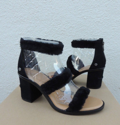 UGG BLACK DEL REY FLUFF SHEEPSKIN/ SUEDE HEELS, WOMEN US 5.5/ EUR 36.5 ~NIB