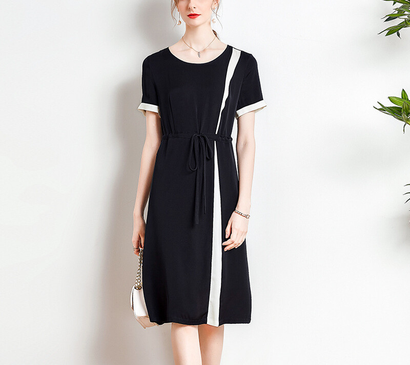 Women's White Black Contrast Color Summer Elegant Silk Midi Dress